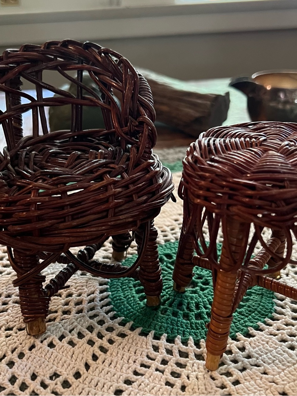 Handwoven Miniature Dark Brown Wicker Accent Chair & Stool Set